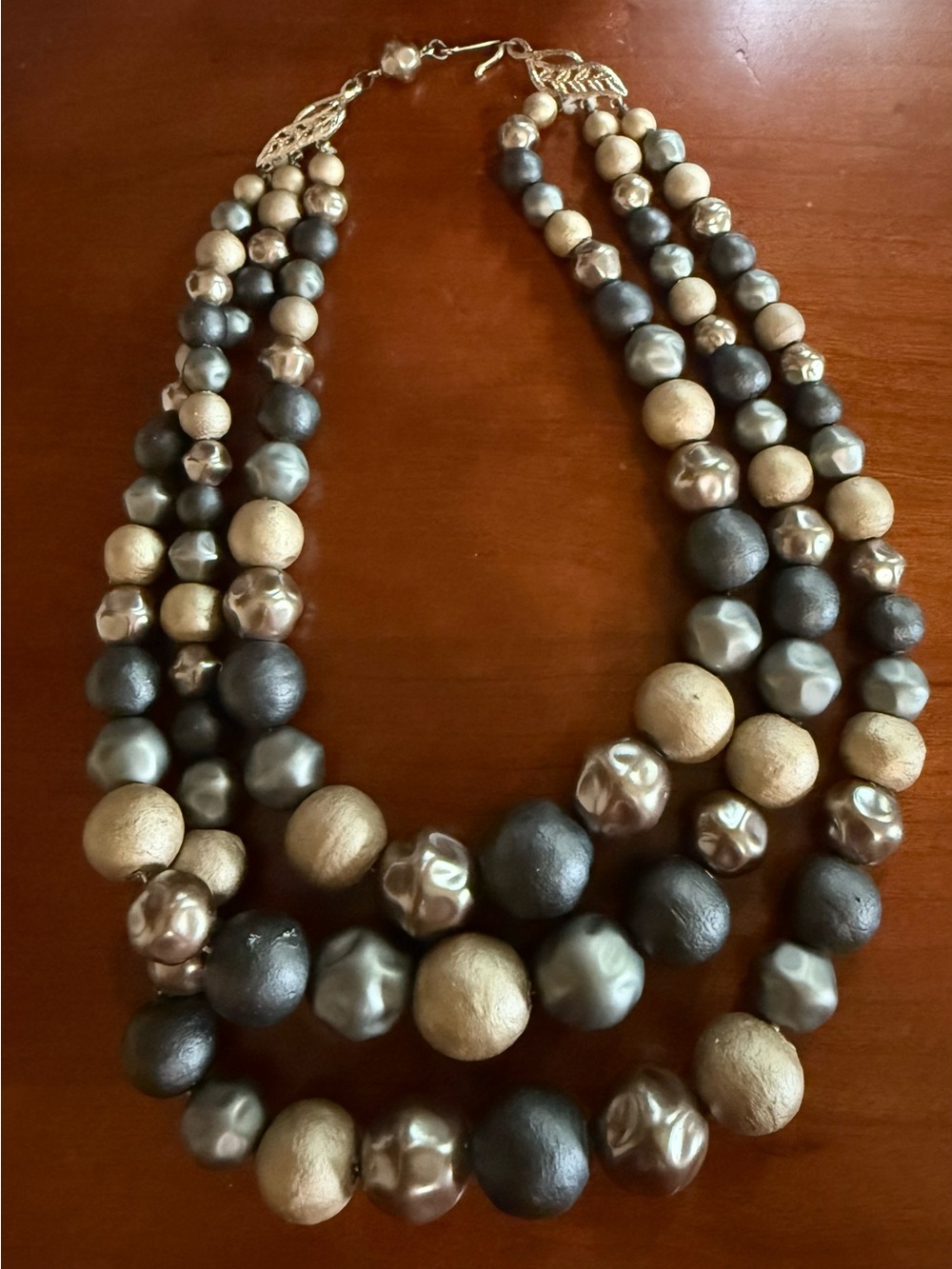 Vintage Three Strand 18” Graduated Metallic Necklace in Gold and Gunmetal Beads